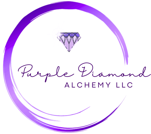 Purple Diamond Alchemy LLC logo-brushed circle with opening on the right, diamond with sparkle inside